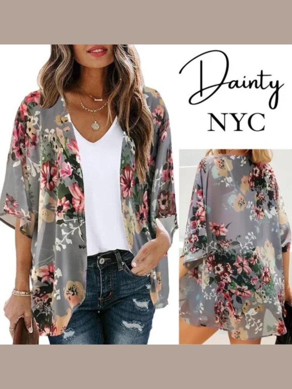 Chiffon Kimono Cardigan – Floral Open Front Cover-Up for Beach or Casual Wear